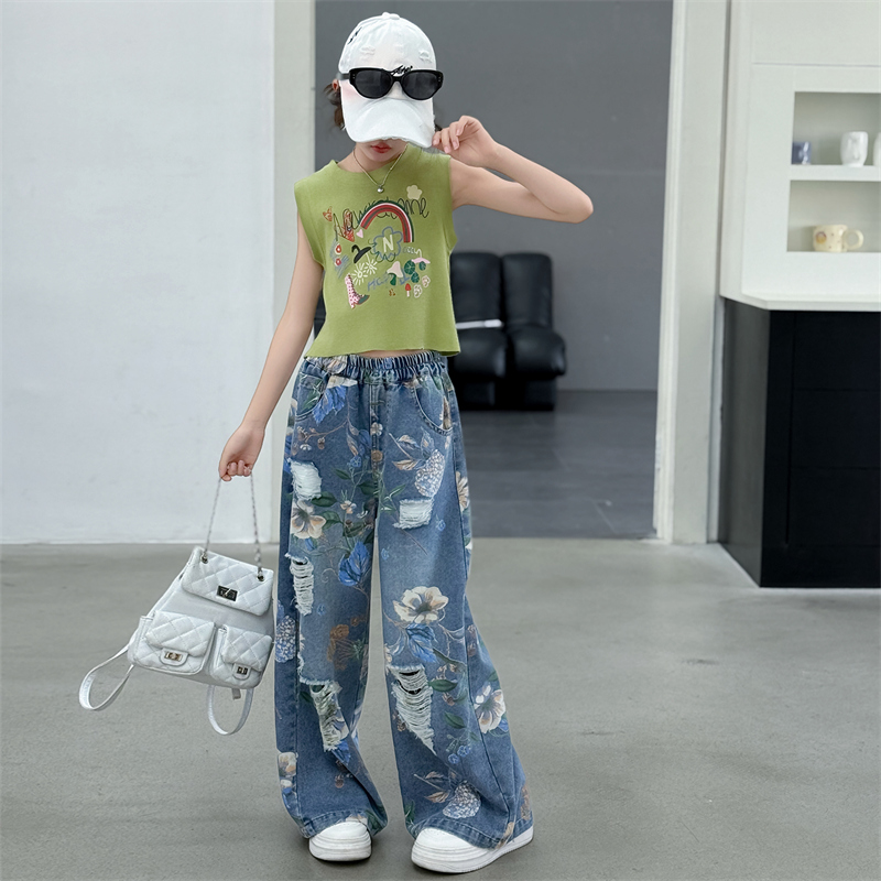 女童多巴胺背心破洞牛仔裤套装夏季2025涂鸦无袖上衣花朵阔腿裤潮