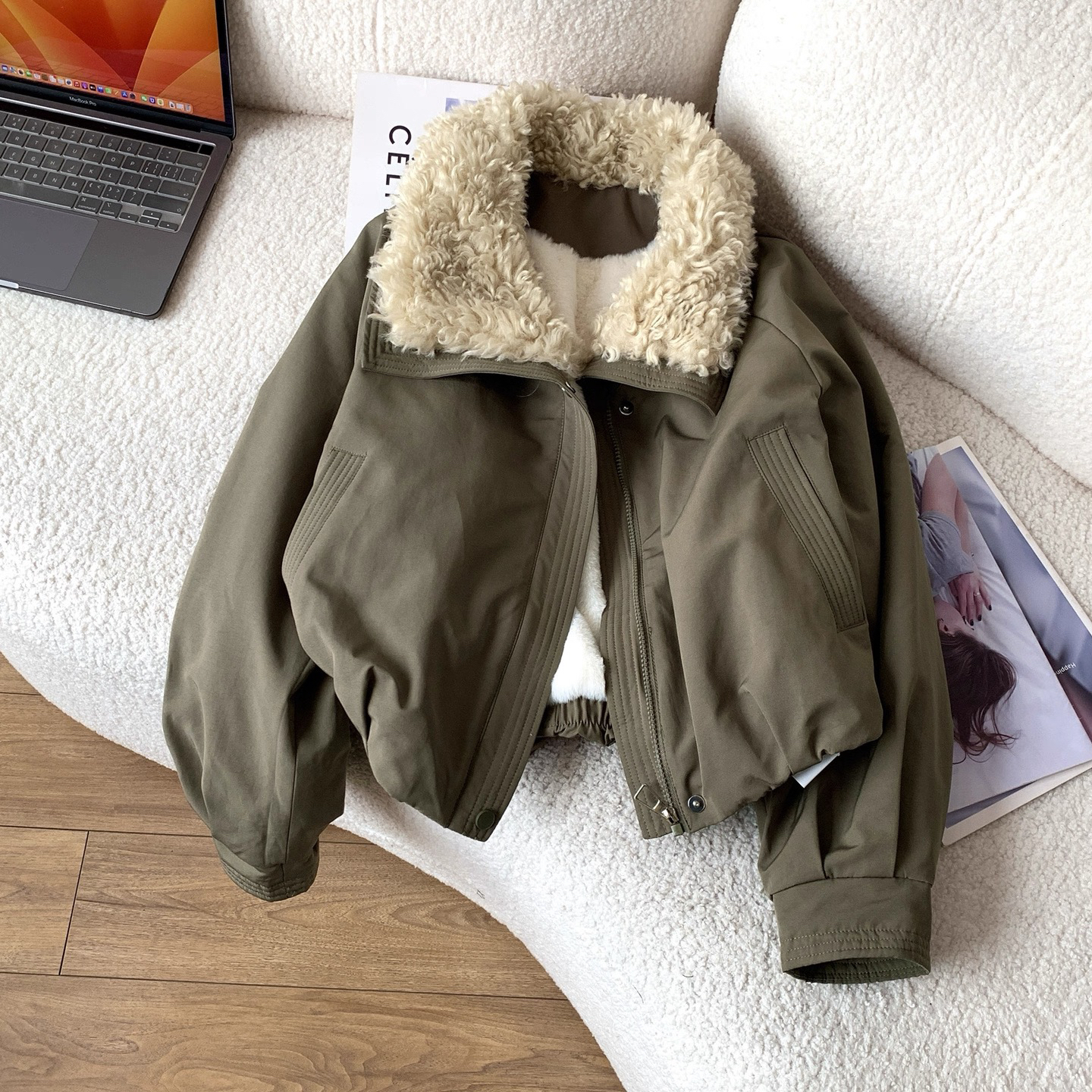 （全身加绒）欧货仿羊羔毛翻领短款加绒加厚派克服外套女2025冬棉服