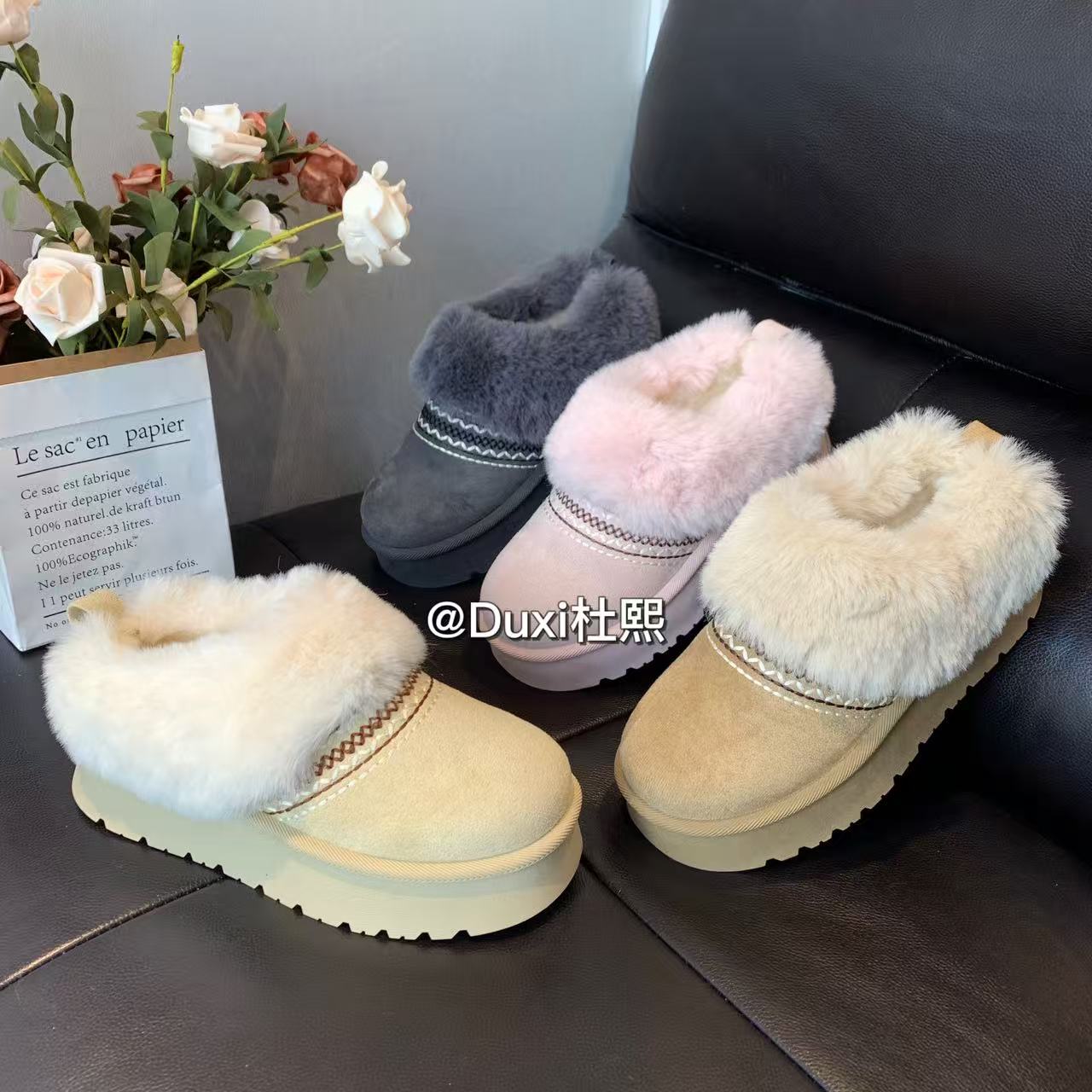 duxi/杜熙2025厚底刺绣雪地靴保暖冬季新款加绒复古加厚毛毛鞋