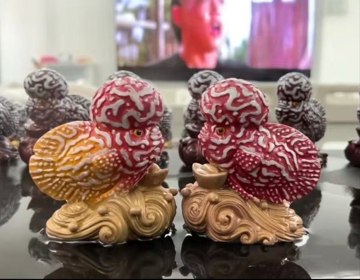 罗汉鱼茶宠鱼缸摆件斗鱼练火气树脂变色退沙粗纹路大头鱼