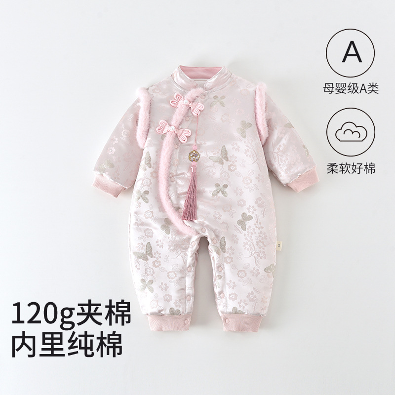 女宝宝国风连体衣秋冬款婴儿夹棉冬装哈衣新生儿衣服新款外出棉服