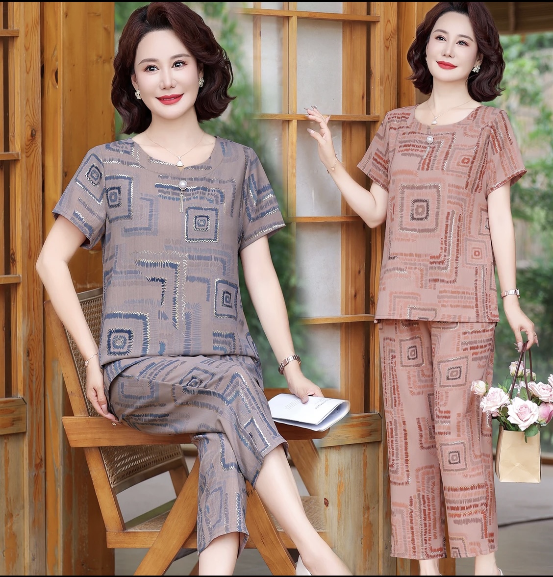 妈妈装新款时尚气质宽松显瘦短袖套装中老年女装上衣+裤子A4536