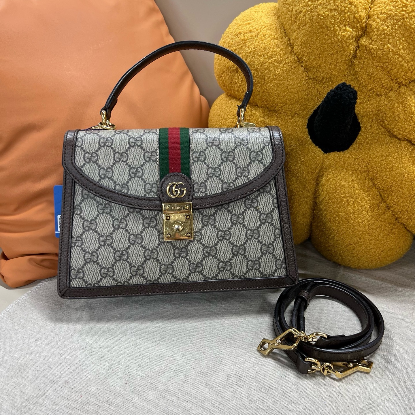 95新 GUCCI/古驰  Ophidia系列 米色老花配乌木色小号 邮差  