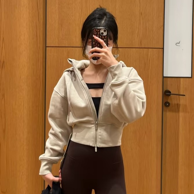 纯色短款连帽开衫款拉链长袖卫衣女款开衫加绒秋季