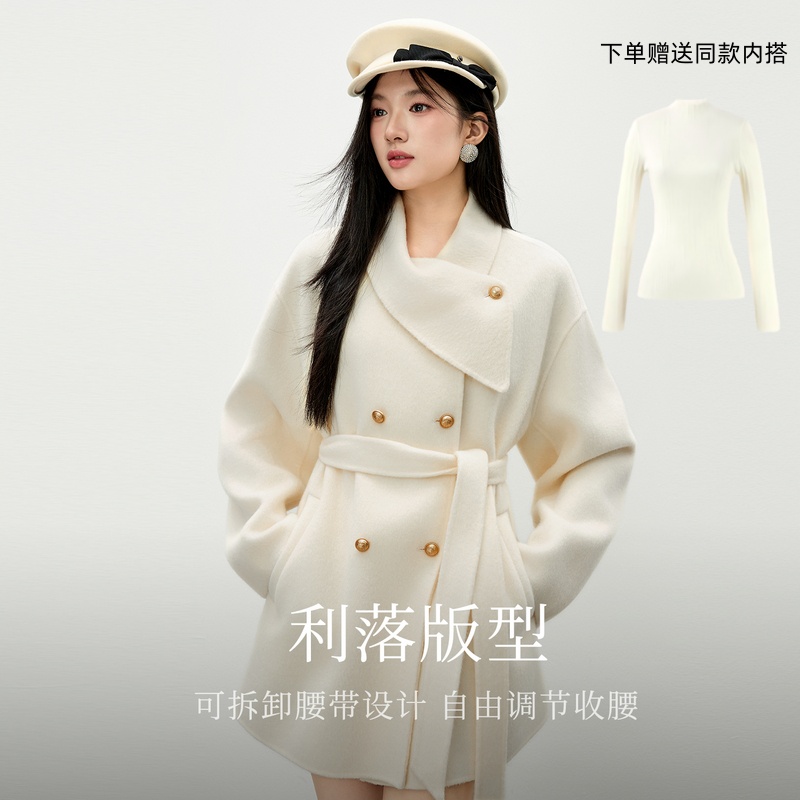 秋水伊人优雅翻领大衣2025冬新款慵懒毛呢外套625409A120047-组-1