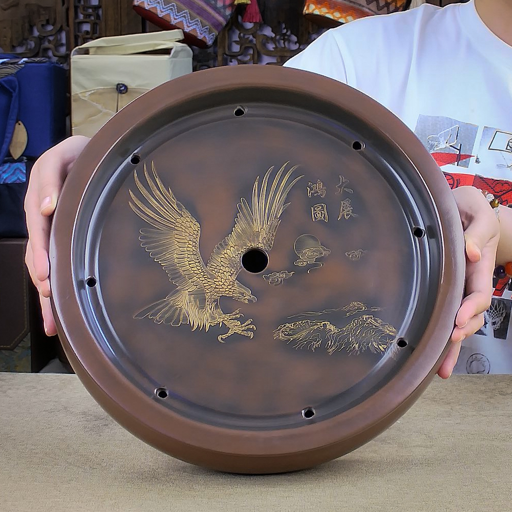 【茶盘】坭兴陶家用简易圆形蓄水干泡盘茶台茶海沥水茶具托盘宽31cm