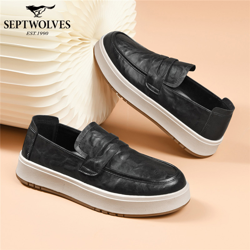 七匹狼男鞋秋季新款简约风复古百搭休闲皮鞋男士时尚一脚蹬乐福鞋