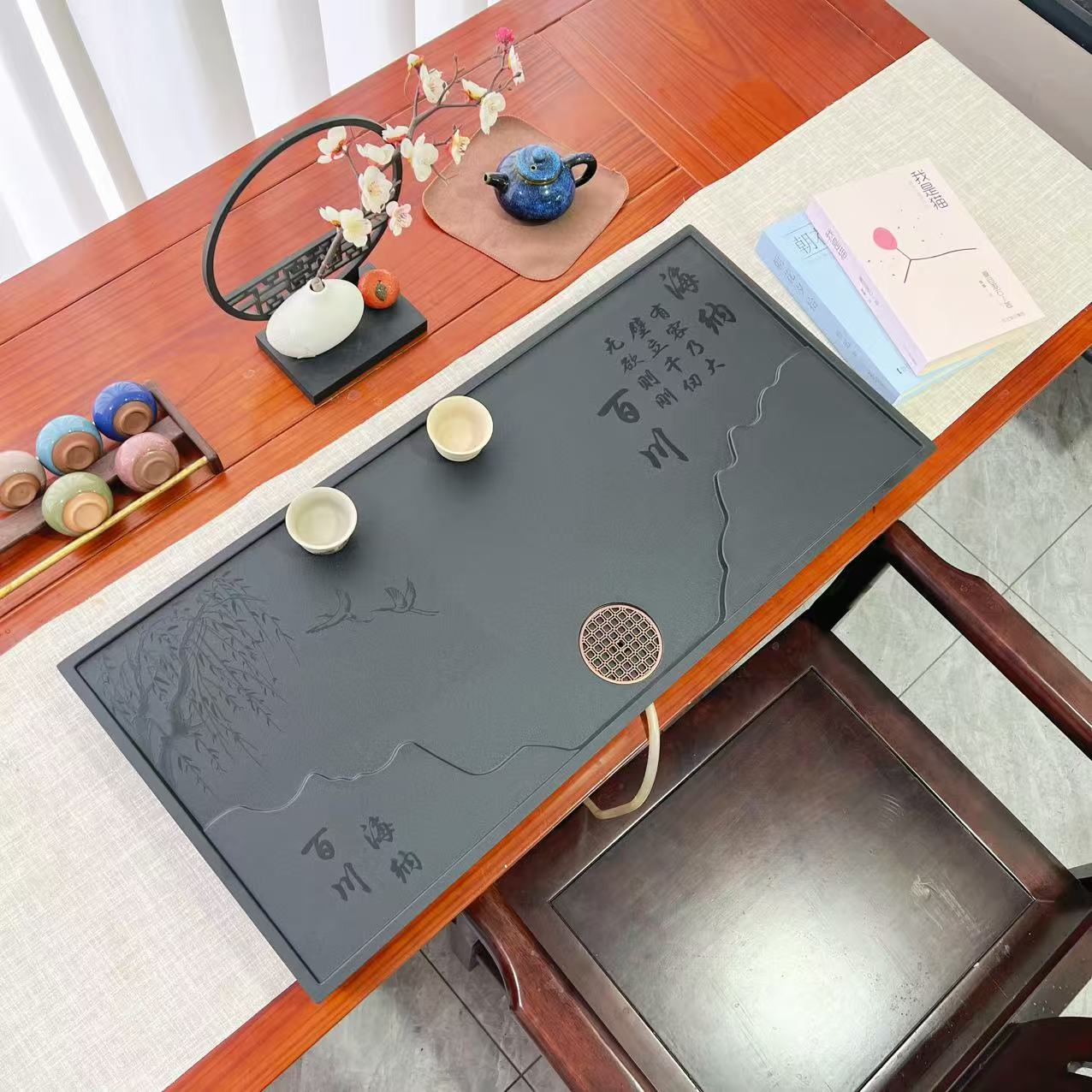 80*37*3新款海纳百川款乌金石茶盘家用办公直排下水简约桌面茶盘