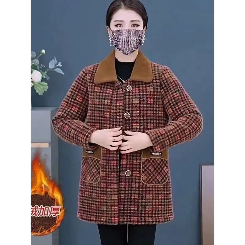 妈妈装冬季加绒保暖水貂绒上衣外套女新款中长加厚贵妃绒洋气大衣