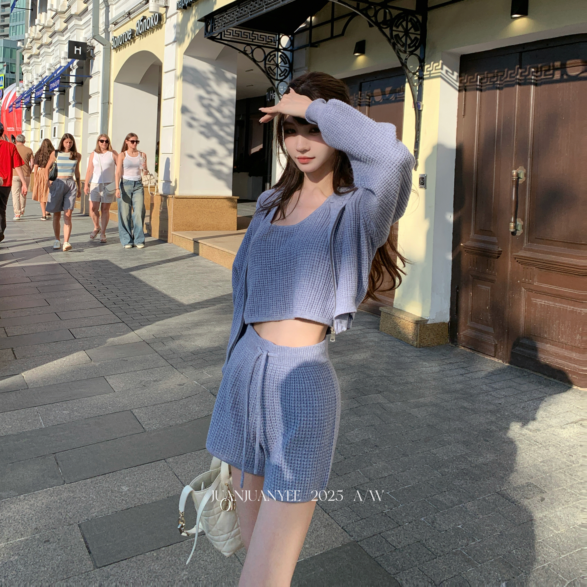 juanjuanyee【al0私服】新贵松弛风48支毛衣连帽外套套装+裤子套装