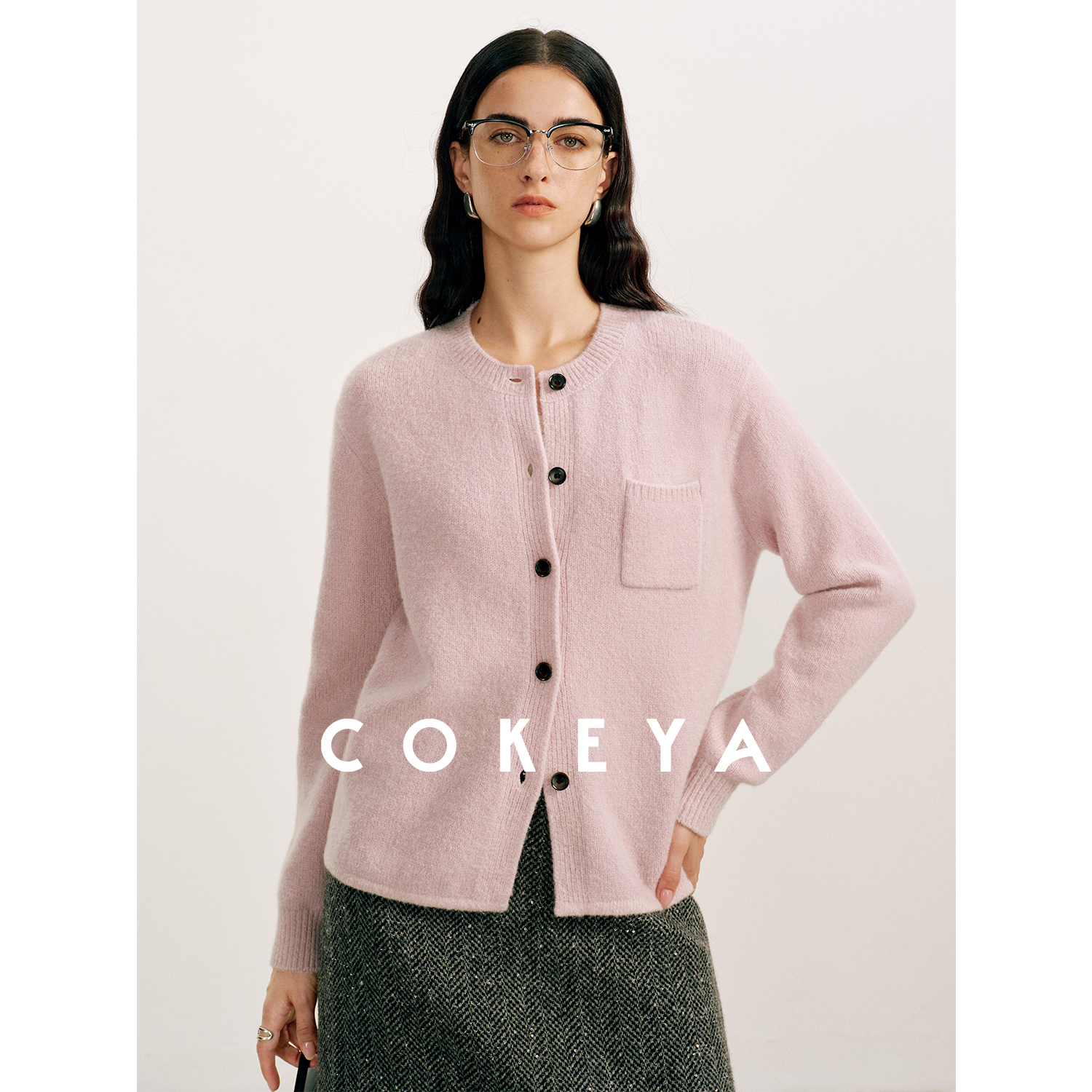 COKEYA/冬日恋歌~重磅加厚佰分佰山羊绒圆领口袋针织开衫女毛衣