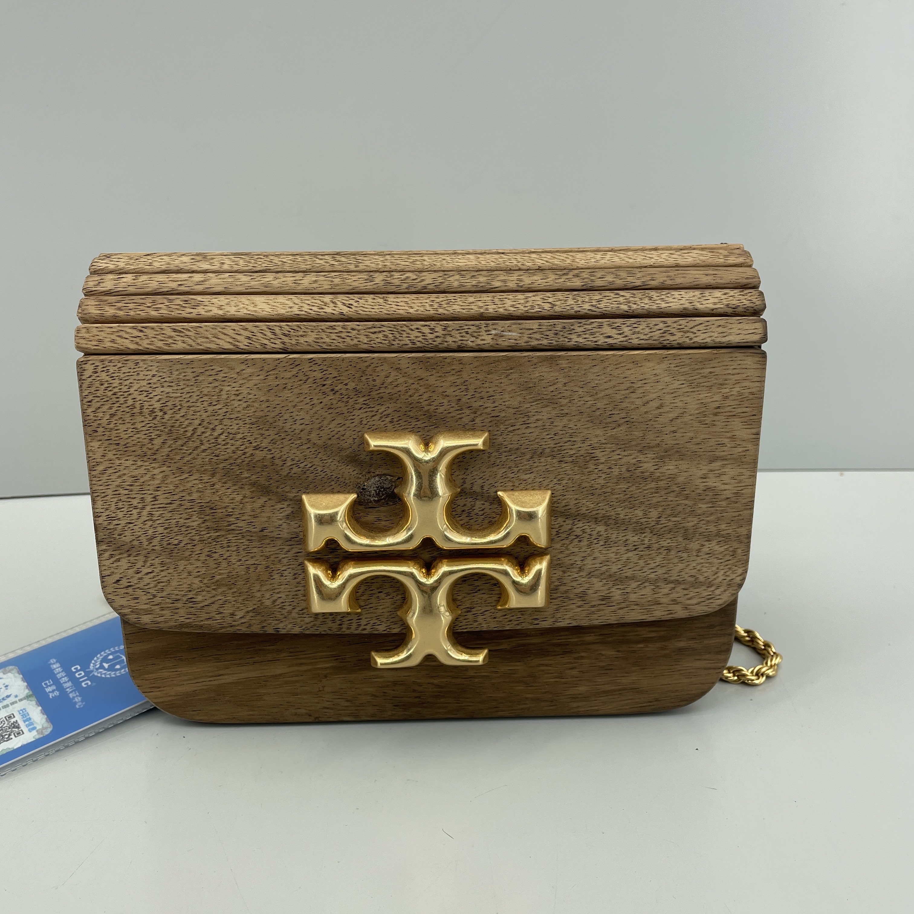 99新 TORY BURCH/汤丽柏琦 ELEANOR木拼棕链条时尚女包19x13x6cm