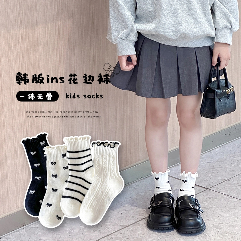  女童袜子春秋ins韩系黑白条纹蝴蝶结卷边女孩中筒袜