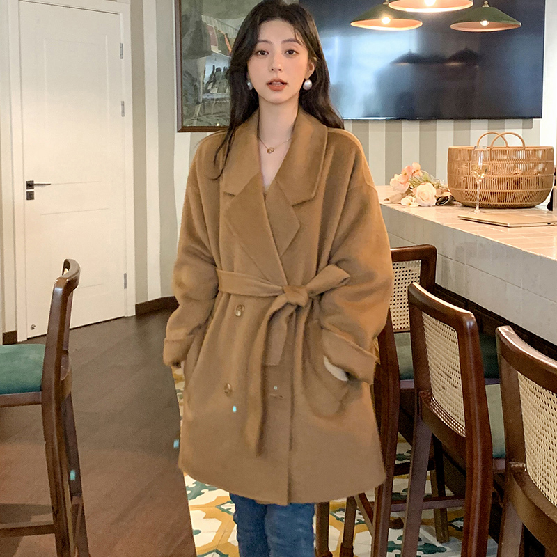 小个子韩系加厚绒呢子大衣女2025新款秋冬外穿骆驼绒双面赫本外套