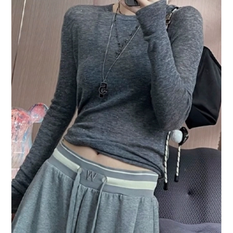 A117灰色烫钻圆领长袖恤女夏秋季修身显瘦内搭打底衫时尚洋气小众