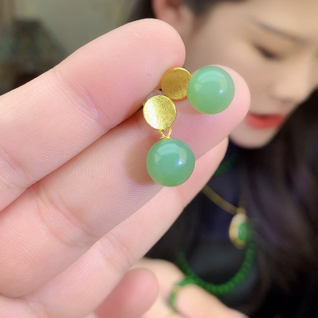 吊坠(不含链)银S925镶嵌和田玉（碧玉）耳饰