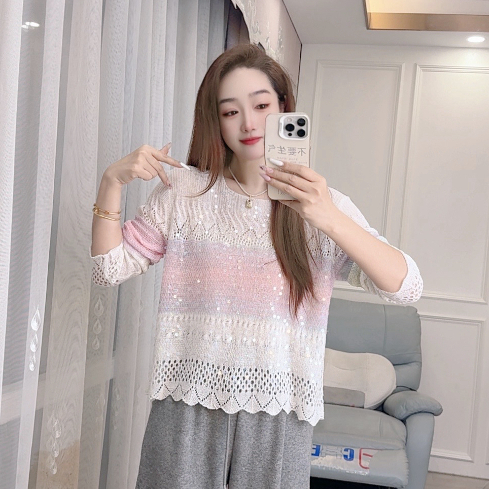 2529春夏针织衫长袖亮片镂空宽松女装彩色条纹气质韩版减龄套头