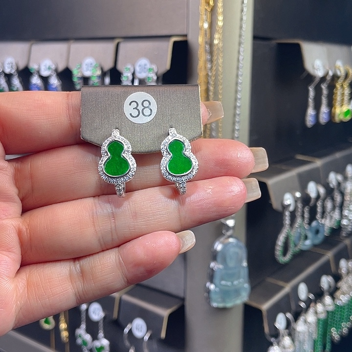 顺***）翡翠银S925镶嵌耳饰缅甸A货