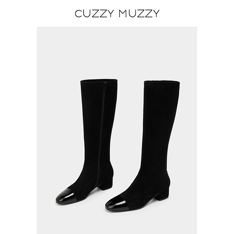 CUZZYMUZZY长靴秋冬包腿显瘦高跟方头高筒靴真皮粗跟靴子长筒靴女