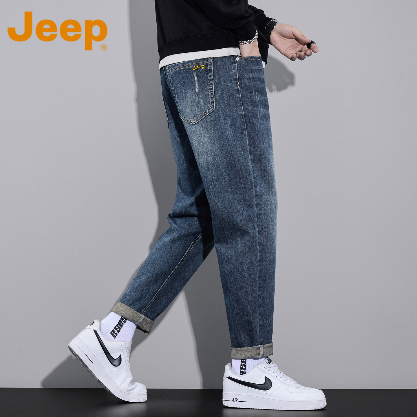 JEEP吉普官方正品厚款牛仔裤男款春秋季潮流百搭宽松直筒锥形裤子