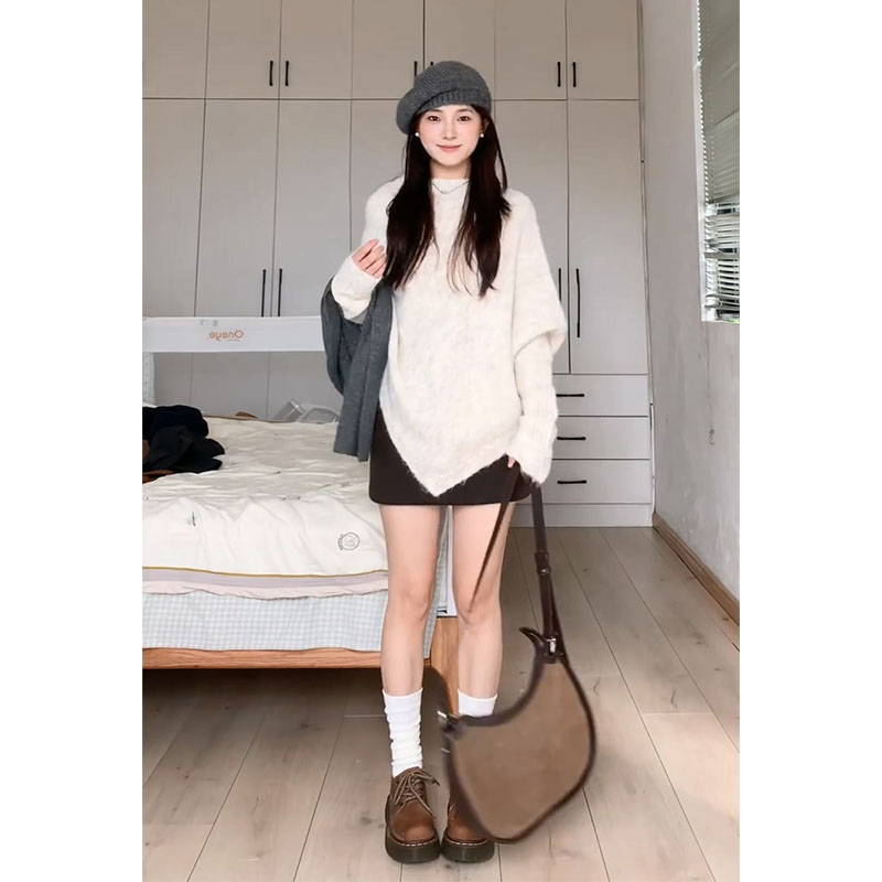 套装秋季新款韩系设计感宽松圆领长袖毛衣上衣气质高腰显瘦半身裙