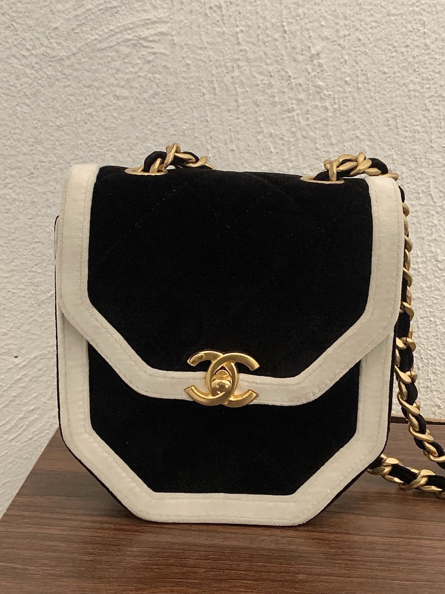 99新 Chanel/香奈儿 HIHI/黑白熊猫配色丝绒链条包芯片/12138873