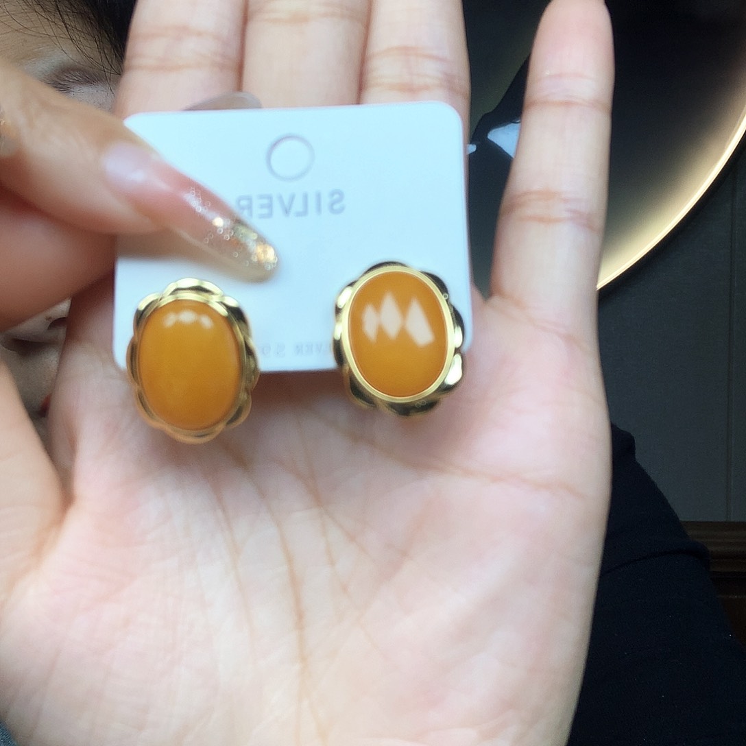 银S925镶嵌蜜蜡耳饰耳钉