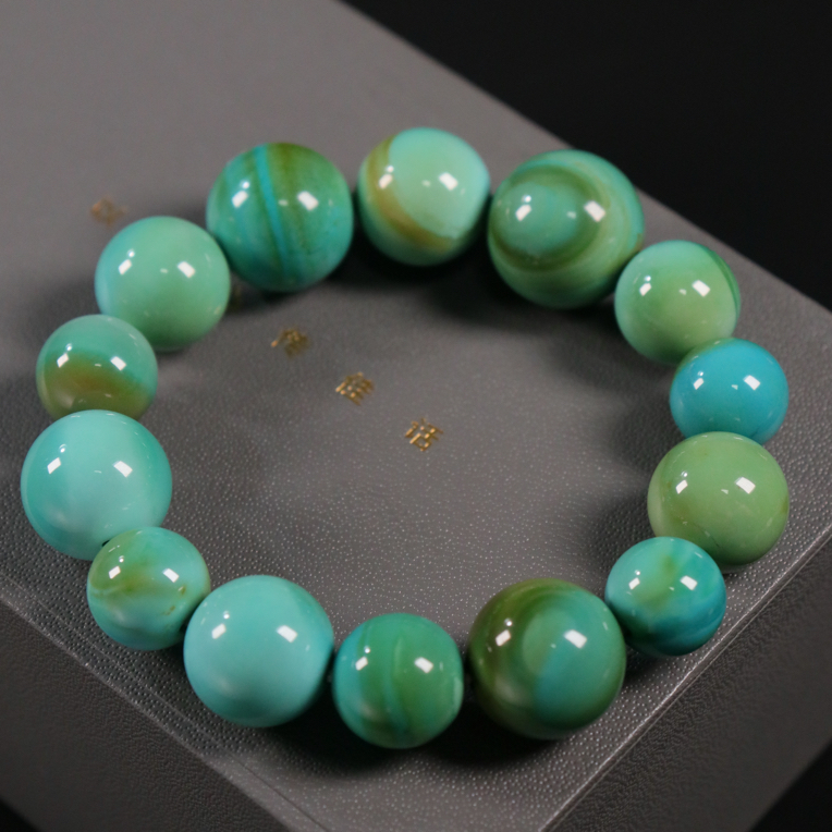 原矿绿松石精品水波纹圆珠手串，直径11.2-16mm，重49.8g，圈围15cm