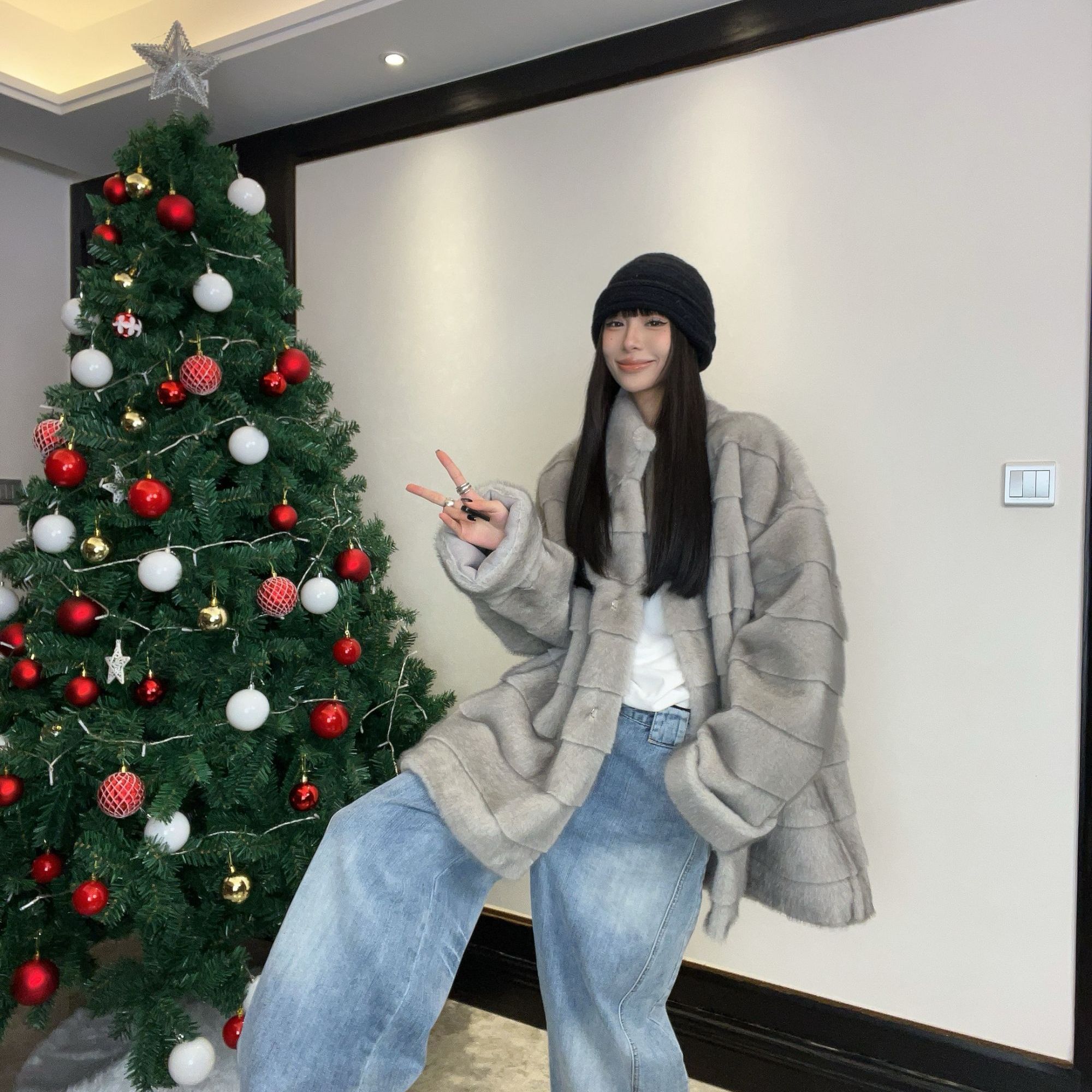 《鎏金世家》冬季中长款立领毛毛外套仿貂毛环保皮毛一体皮草外套冬