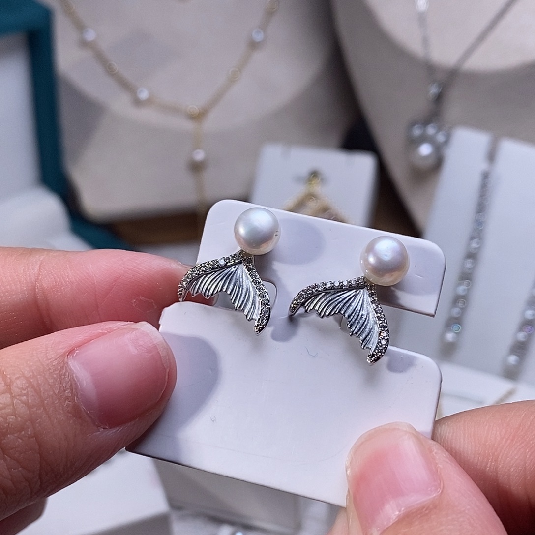 耳饰银S925镶嵌淡水珍珠