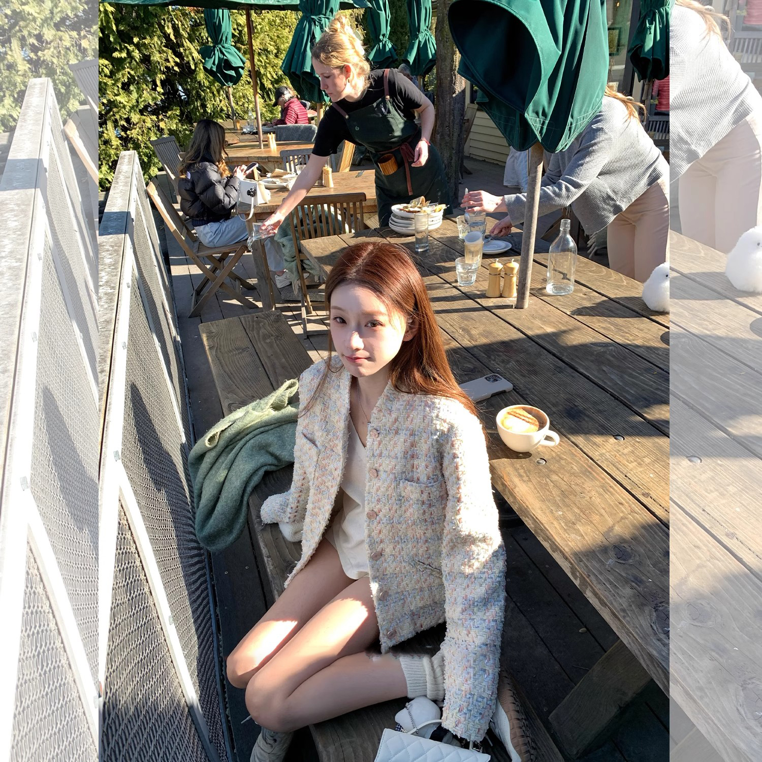 2025秋季新款时尚休闲气质小香风粉色粗花呢圆领单排扣短款外套