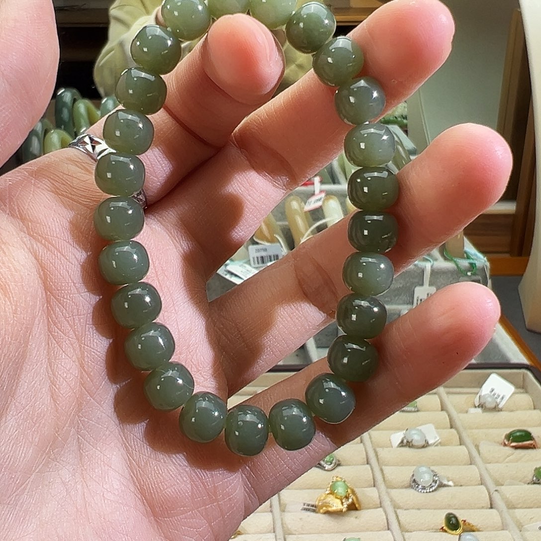 和田玉未镶嵌手串皮勒青老型珠7x8