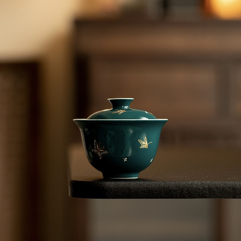 国潮烫金舞蝶陶瓷盖碗家用泡茶碗功夫茶具高岭土蝴蝶盖碗