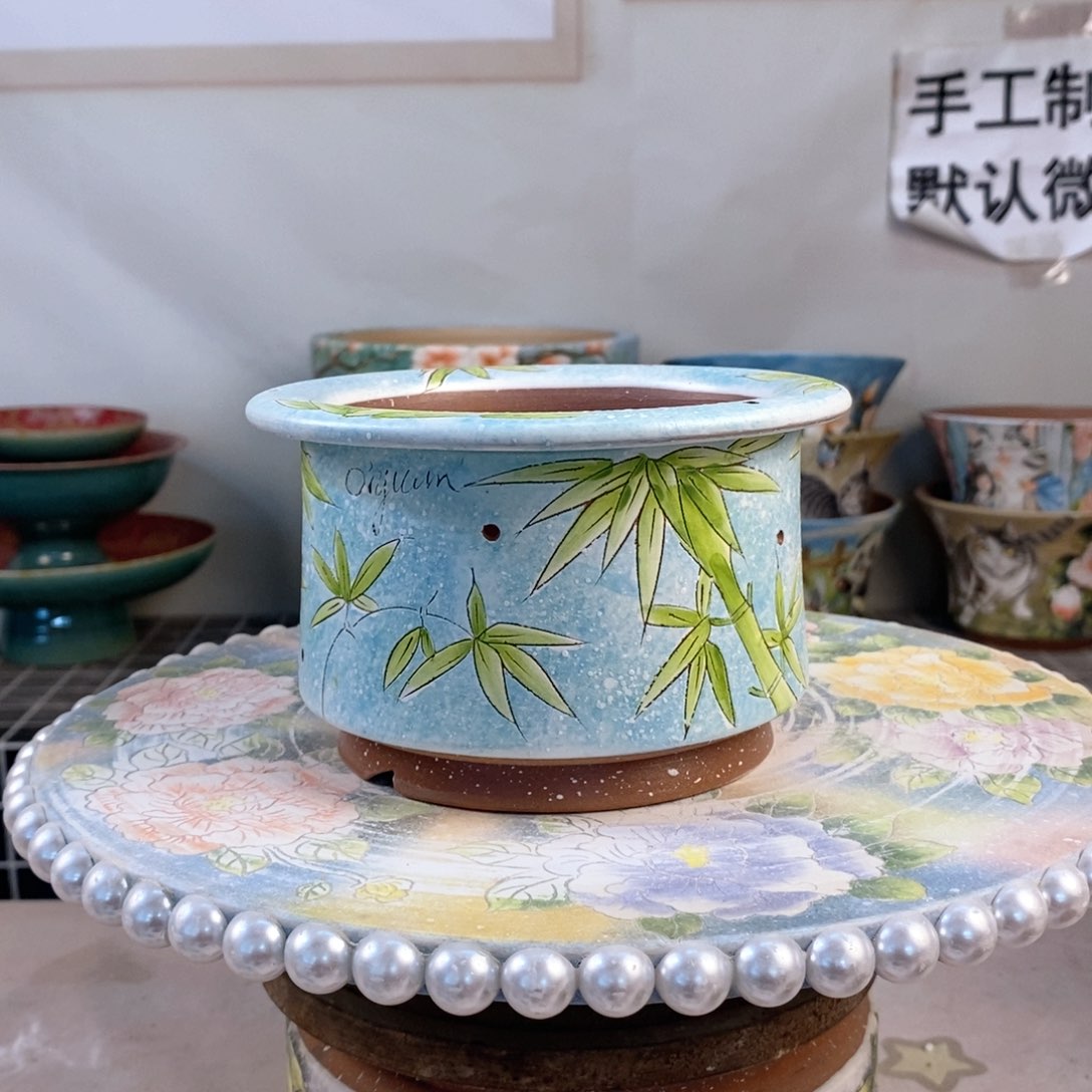 紫砂花盆红陶手绘花盆