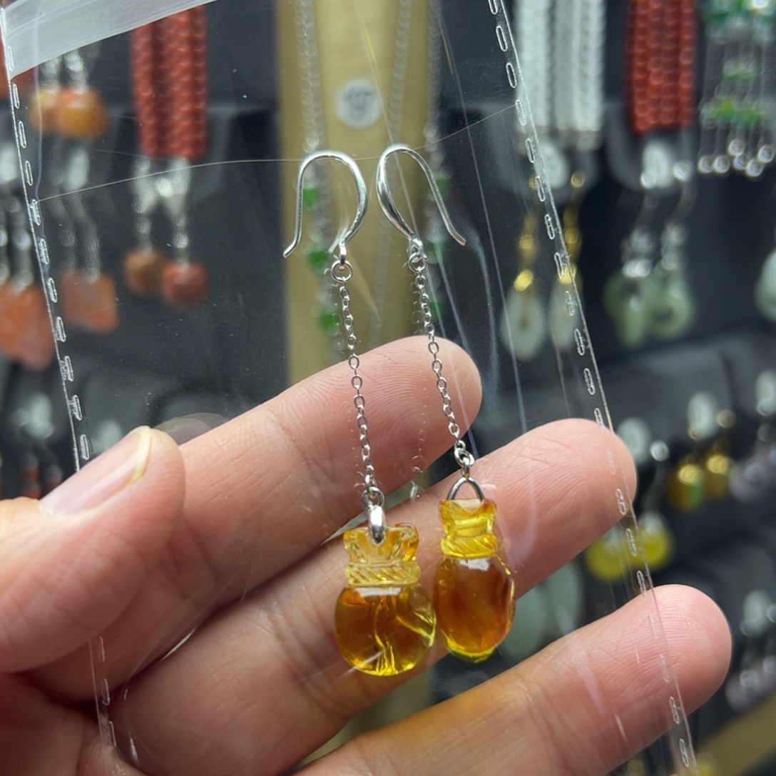 历***～金珀银S925镶嵌耳饰