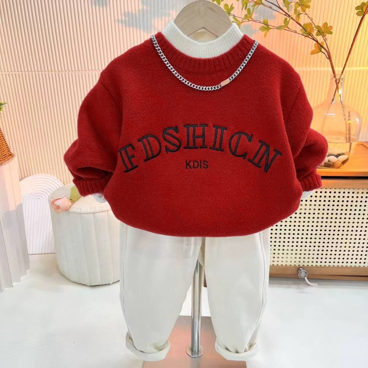 冬季儿童加绒字母加厚毛衣秋冬休闲套头男女童针织衫