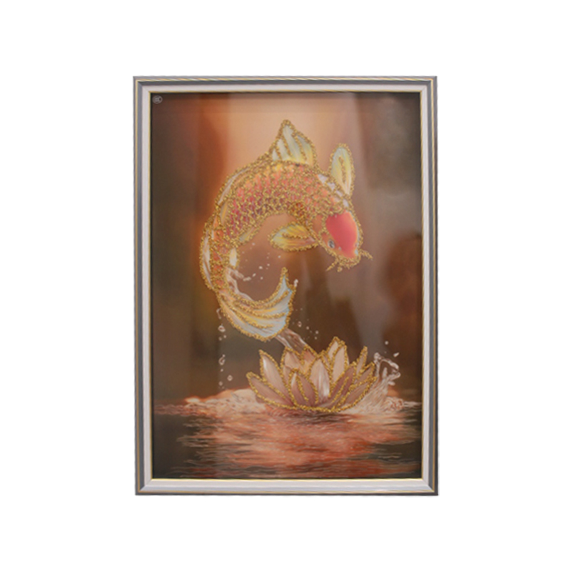 鱼跃龙门钢化玻璃手工立体描金实物画适合客厅餐厅卧室玄关挂画