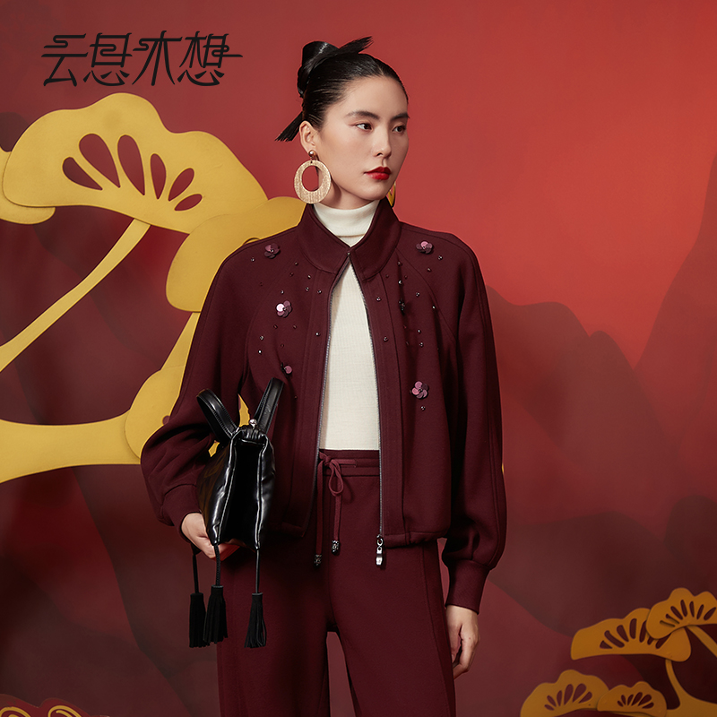 Ysimo-X云思木想红月梦花手工钉珠立体花半高领时尚柔软外套12496