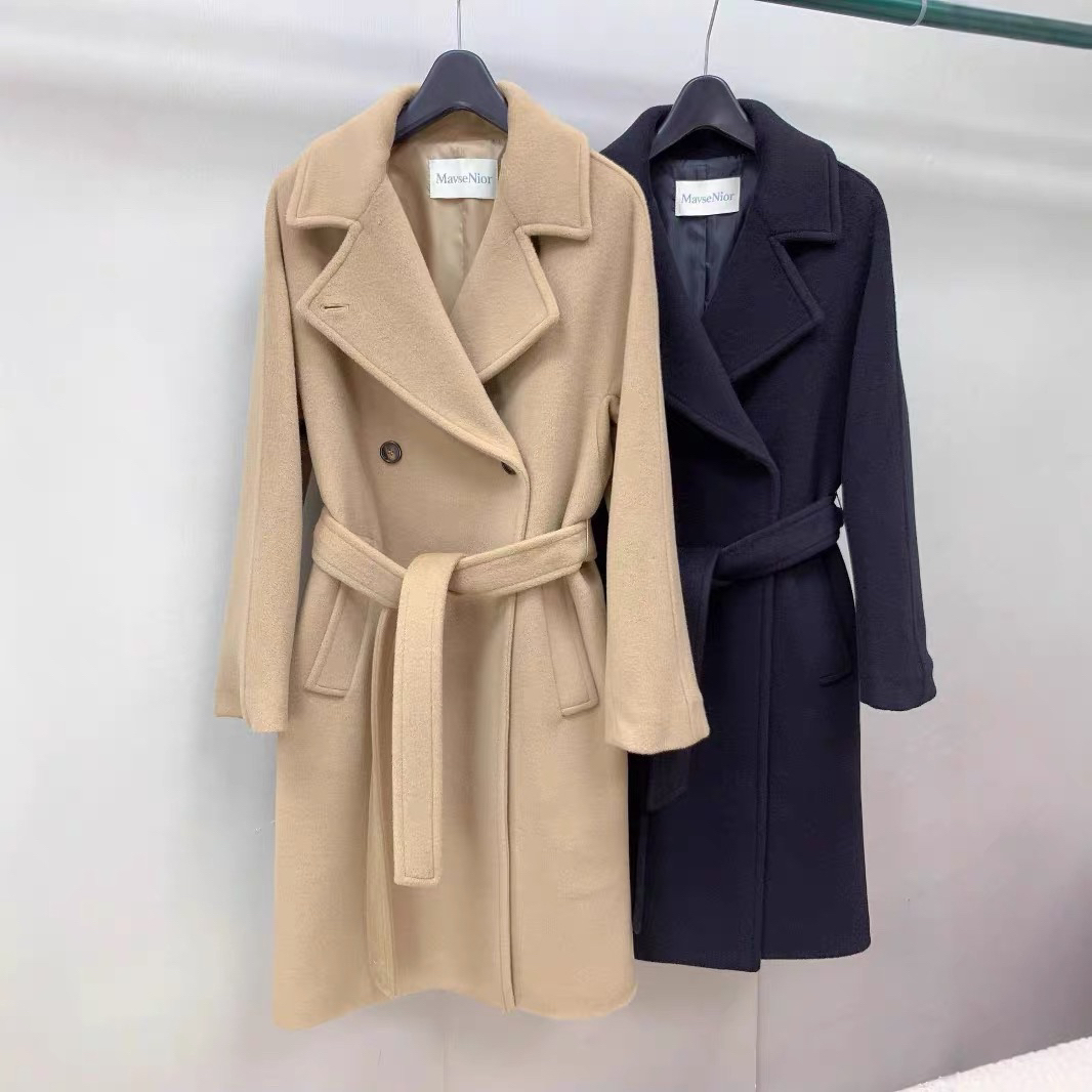 M家山羊绒加厚中长款小个子黑驼系带简约通勤百搭羊毛呢外套大衣 