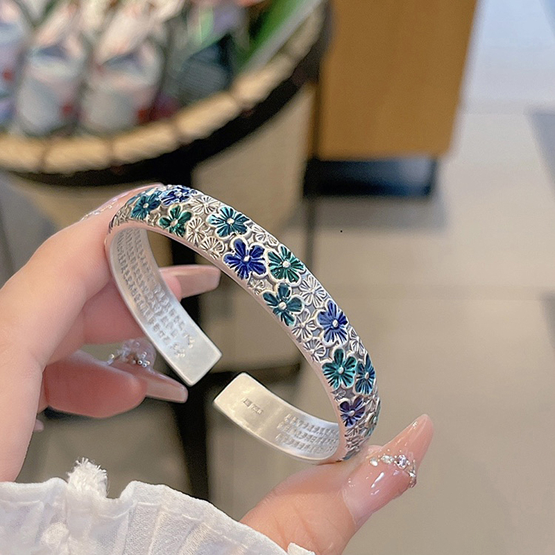 足银手镯 A017足银9999  格桑花珐琅彩心经浮雕开口实心纯银手镯