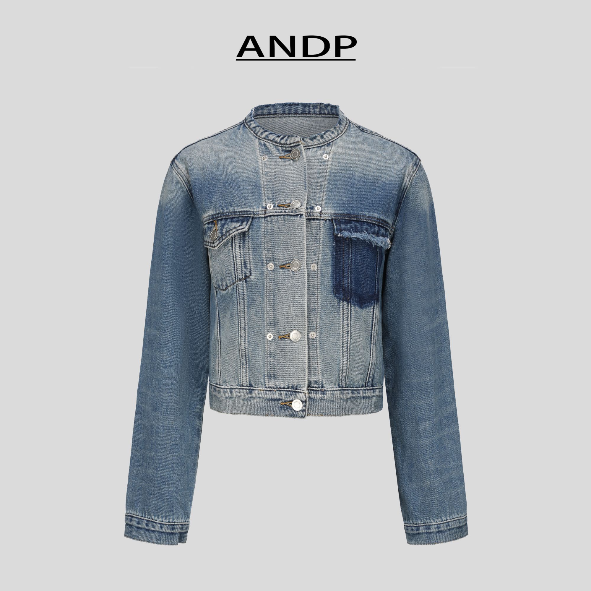 时髦小众毛边圆领口袋磨边圆领休闲复古短牛仔夹克外套上衣女外套