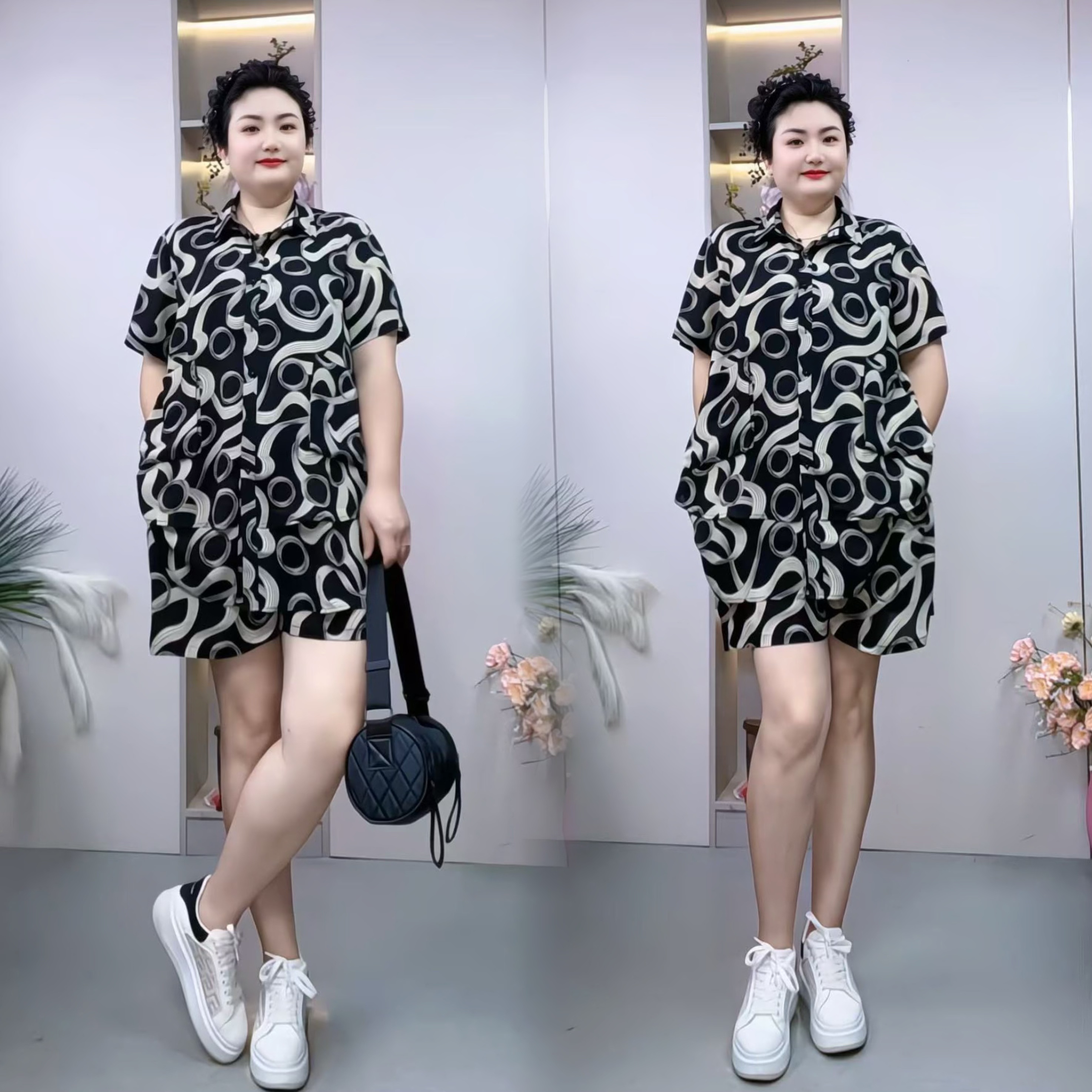 大码夏季新款衬衫套装女短袖韩版宽松显瘦休闲套装