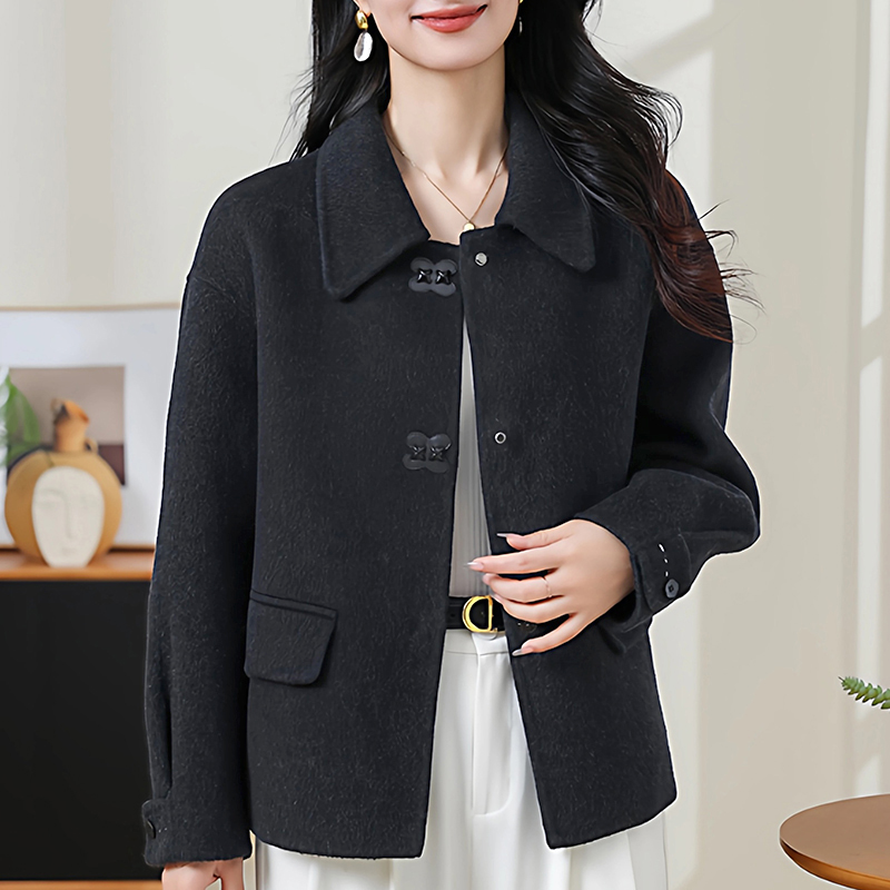 福利双面羊毛大衣女秋冬桑蚕丝羊毛气质外套时尚翻领毛呢上衣长62