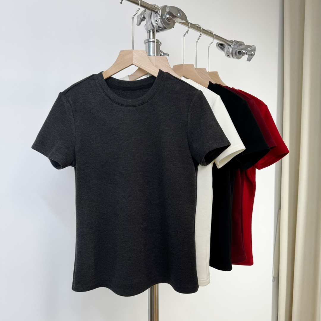 【若若美】X-1973蚕丝羊毛华绒短袖T恤圆领修身百搭T恤显瘦打底短T