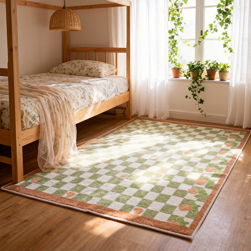 小清新可爱ins风格子羊绒床边毯家用卧室客厅地毯耐脏易打理地垫