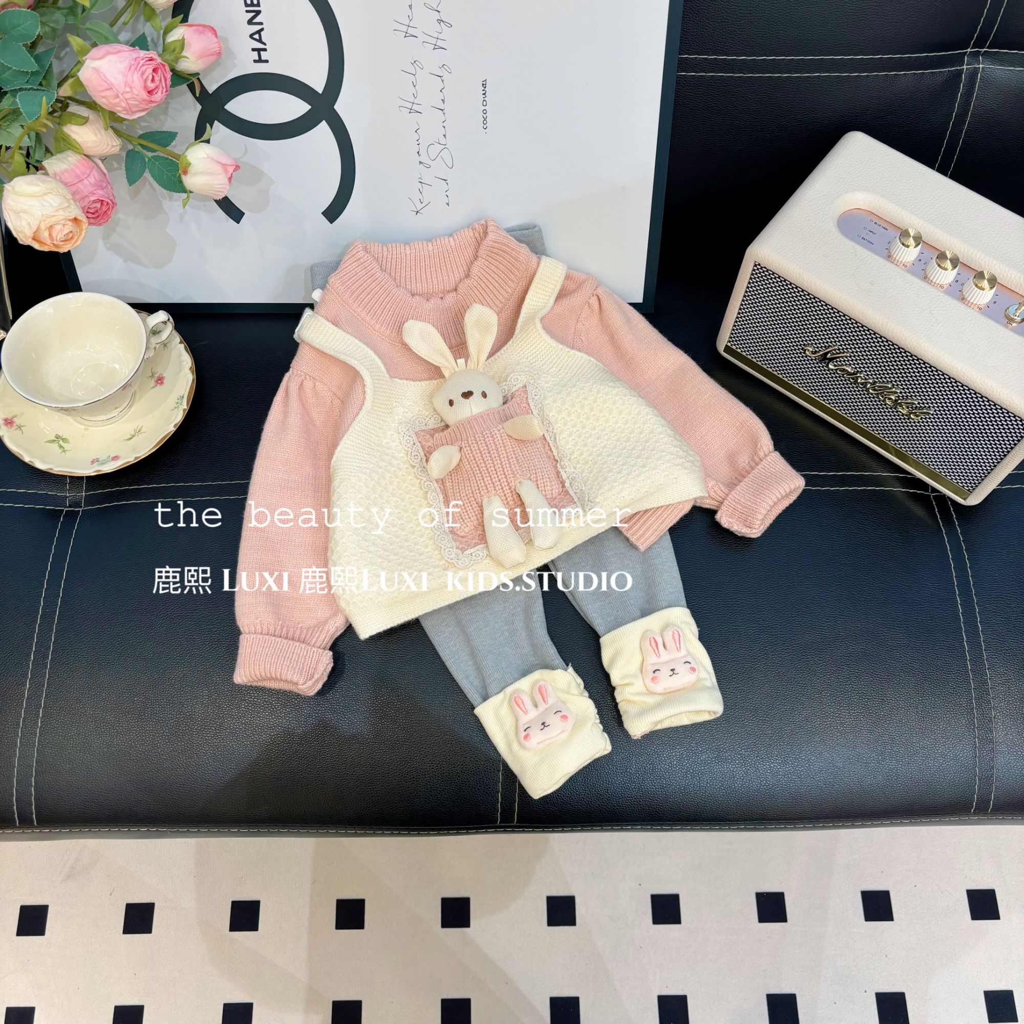 2025秋季新款儿童可爱兔兔假两件毛衣+打底裤女宝两件套装