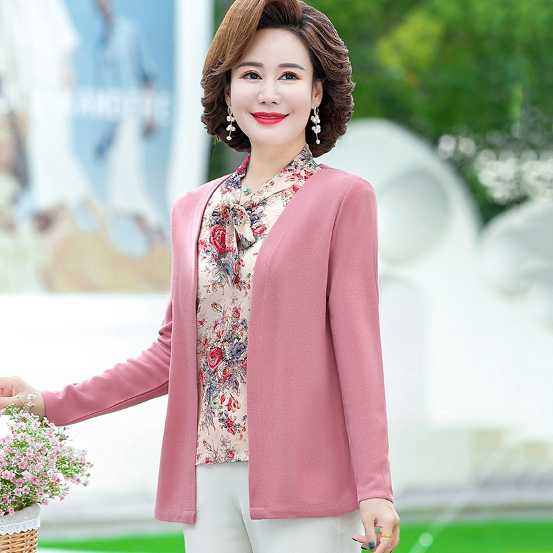 妈妈春秋装洋气假两件套装50岁新款中老年人女长袖T恤针织衫上衣