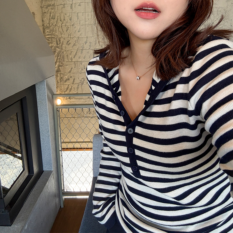 条纹帽衫/胖mm大码减龄经典针织衫