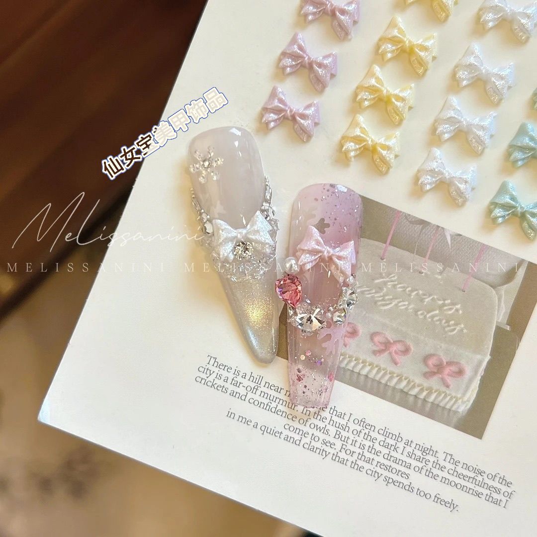 网红同款珠光粉色蝴蝶结可爱少女马卡龙色美甲小饰品DIY奶油胶