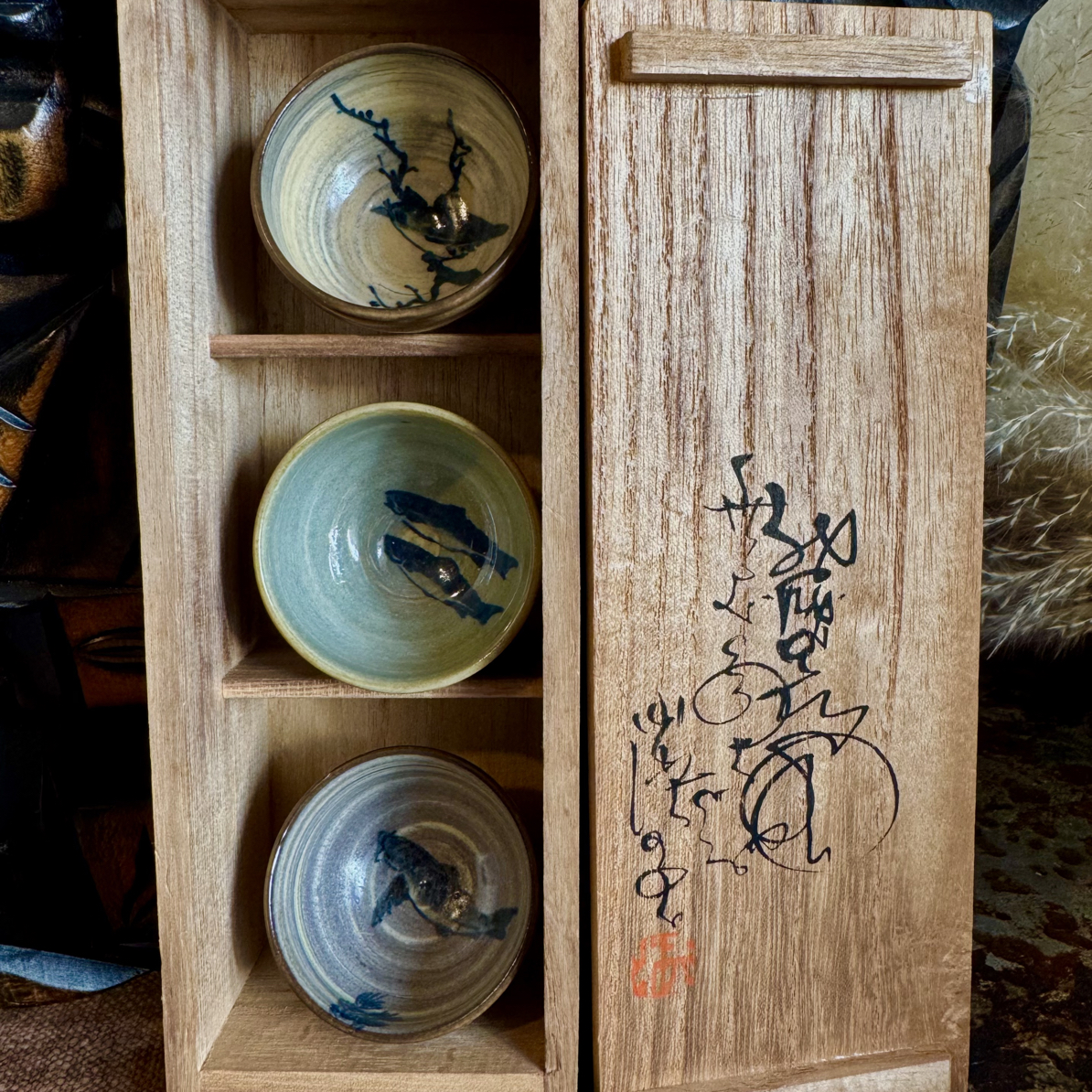 九谷烧无名异烧伊藤赤水3只一套小杯内绘青花鱼鸟no退no换